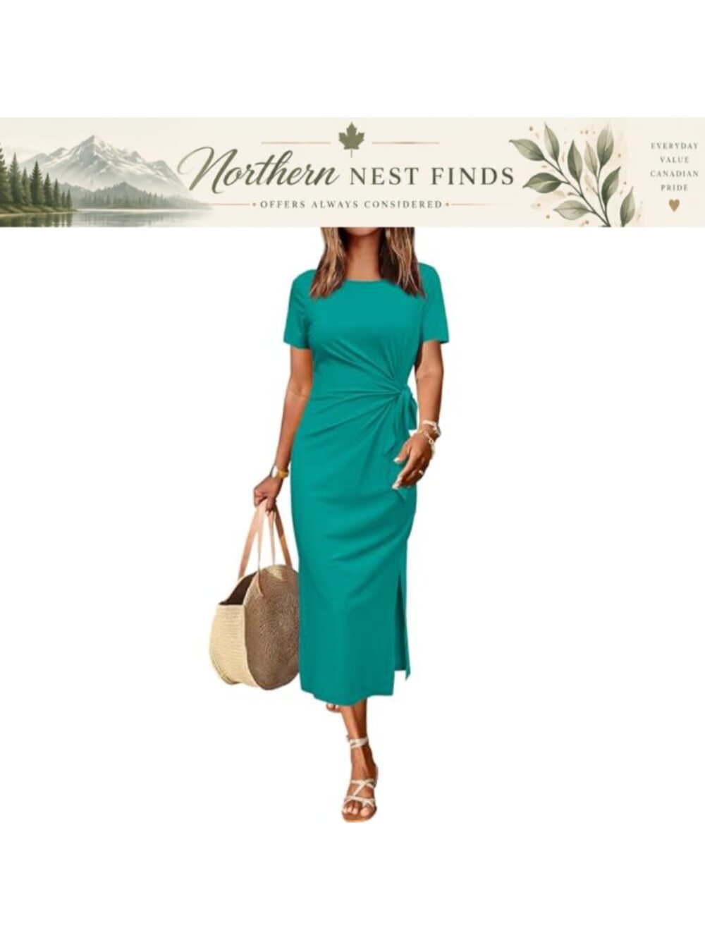 Women's Short Sleeve Crew Neck Midi Dress with Slit and Tie Waist